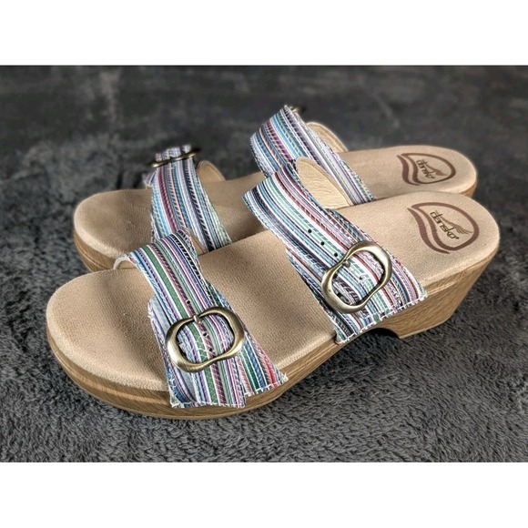 Dansko Sophie Slide Sandals Size 37 US 6.5-7 Multi Stripe Leather Buckle Wedge - Picture 2 of 9
